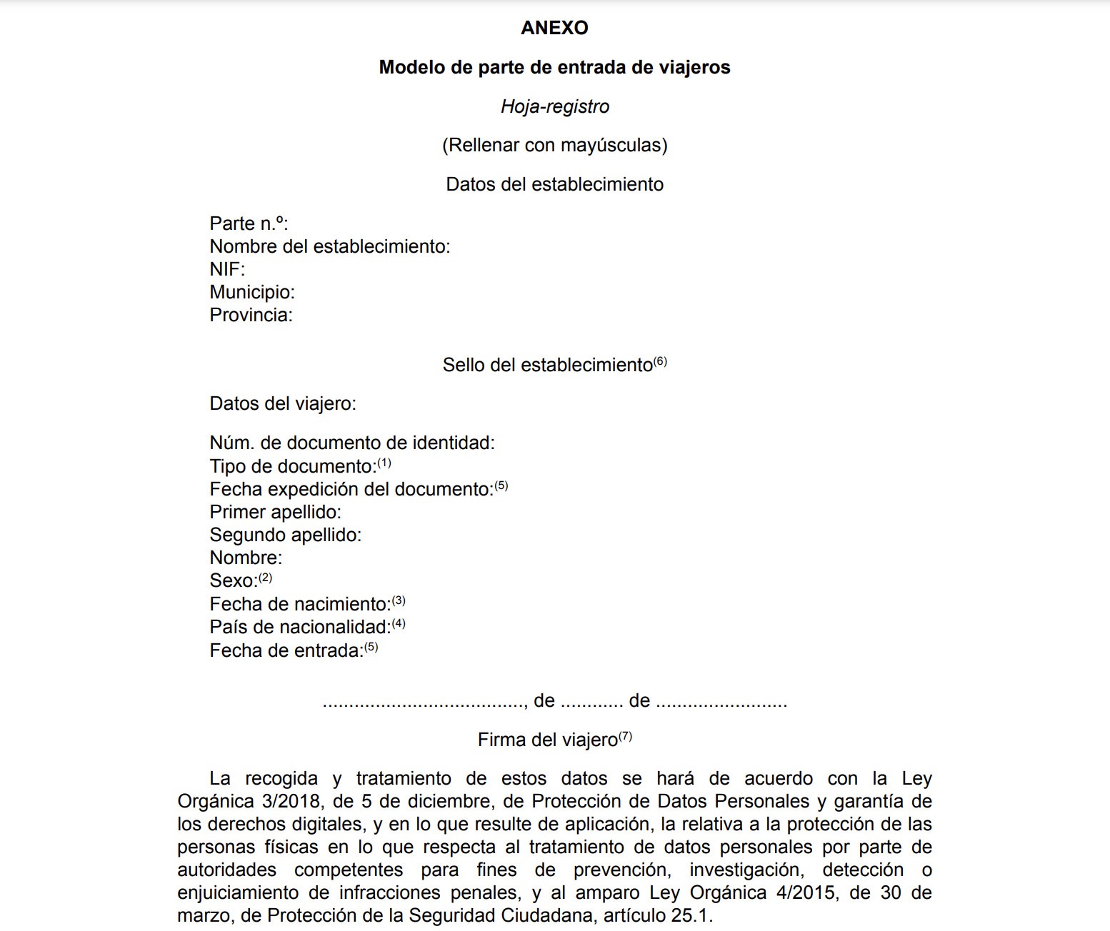 Obligatoriedad del libro registro de viajeros 10 Plantilla Parte de Viajeros